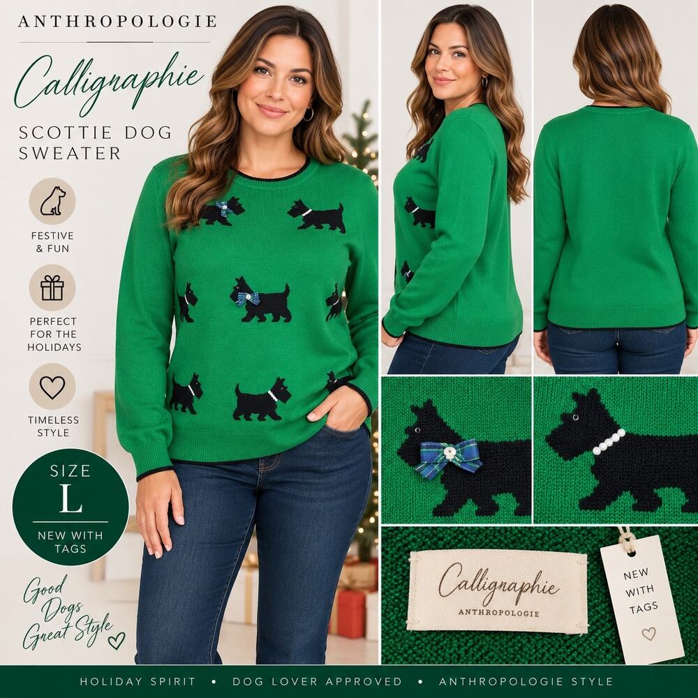 Anthropologie Calligraphie Scottie Dog Sweater Green Christmas Novelty Pullover